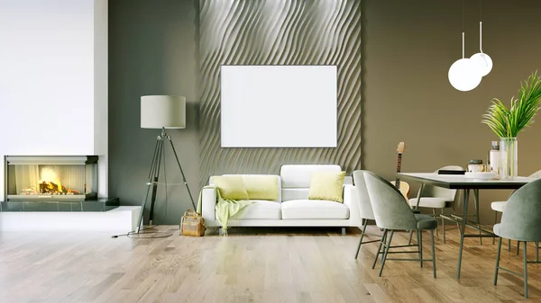 明るい壁、大きな窓、スタイリッシュな家具を備えた部屋のモダンな美しいインテリア。北欧風の明るいデザイン。3Dレンダリング — ストック写真