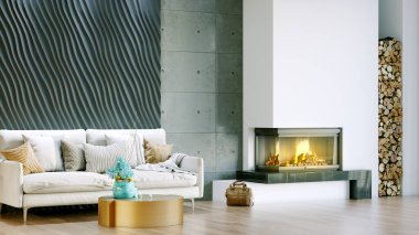 Işık duvarları, geniş pencereleri ve şık mobilyaları olan modern, güzel bir oda. İskandinav tarzında parlak bir tasarım. 3B görüntüleme