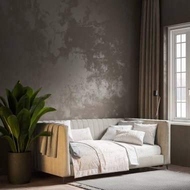 Renkli bir duvarı, halısı ve şık bir koltuğu olan modern, güzel bir iç mekan. Çatı katı tasarımı. 3B görüntüleme