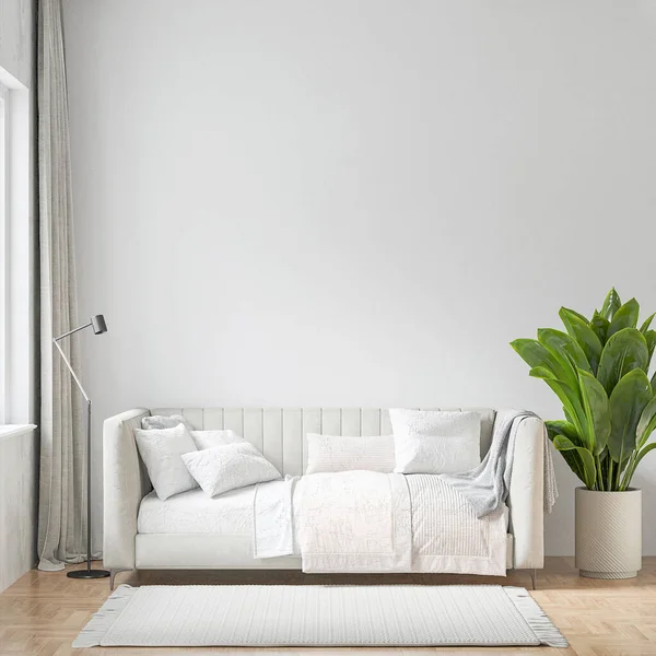 Nowoczesne, piękne wnętrze z białą ścianą, dywanem i stylową sofą. Lekki skandynawski design. Renderowanie 3D — Zdjęcie stockowe