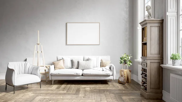 Moderno hermoso interior de la habitación con paredes blancas, grandes ventanales y muebles elegantes. Diseño brillante y elegante. Renderizado 3D —  Fotos de Stock