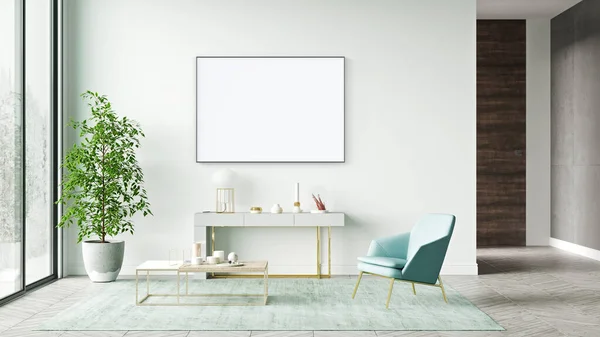 模仿现代室内环境，客厅，斯堪的纳维亚风格，3D渲染的海报框架 — 图库照片