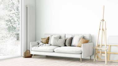 Oturma odasının modern tarzı, ahşap zeminli ve geniş pencereli bir oda. 3B görüntüleme