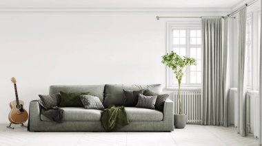 Modern bir odanın güzel iç mekanı. Parlak ve temiz tasarım. Büyük bir pencerenin yanında duran bir kanepe. 3B görüntüleme