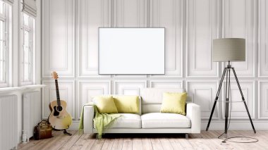 Boş bir tablosu olan modern bir oda. Kanepe, geniş pencere, ahşap zemin ve duvar. Temiz iç tasarım çizgileri. 3B görüntüleme