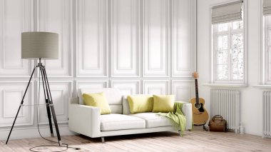 Modern bir odanın güzel iç mekanı. Parlak ve temiz tasarım. Büyük bir pencerenin yanında duran bir kanepe. 3B görüntüleme