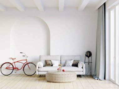 Işık duvarları, geniş pencereleri ve şık mobilyaları olan modern, güzel bir oda. İskandinav tarzında parlak bir tasarım. 3B görüntüleme