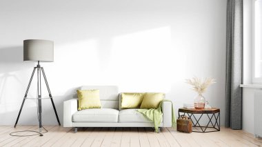 Işık duvarları, geniş pencereleri ve şık mobilyaları olan modern, güzel bir oda. İskandinav tarzında parlak bir tasarım. 3B görüntüleme