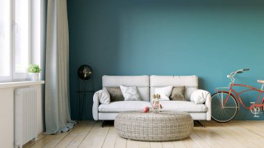 Modern bir odanın güzel iç mekanı. Parlak ve temiz tasarım. Büyük bir pencerenin yanında duran bir kanepe. 3B görüntüleme