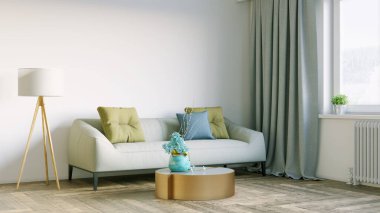 Modern bir odanın güzel iç mekanı. Parlak ve temiz tasarım. Büyük bir pencerenin yanında duran bir kanepe. 3B görüntüleme