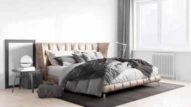 Işık duvarları, geniş pencereleri ve şık mobilyaları olan modern, güzel bir oda. İskandinav tarzında parlak bir tasarım. 3B görüntüleme