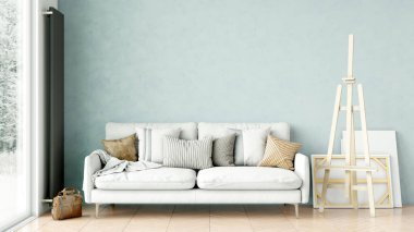 Oturma odasının modern tarzı, ahşap zeminli ve geniş pencereli bir oda. 3B görüntüleme