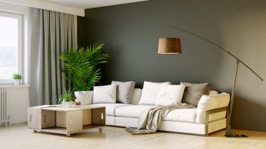 Modern bir odanın güzel iç mekanı. Parlak ve temiz tasarım. Büyük bir pencerenin yanında duran bir kanepe. 3B görüntüleme