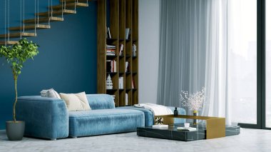 Işık duvarları, geniş pencereleri ve şık mobilyaları olan modern, güzel bir oda. İskandinav tarzında parlak bir tasarım. 3B görüntüleme