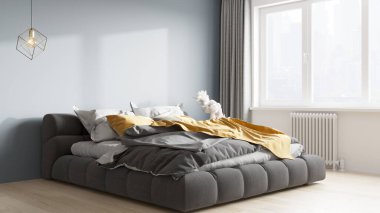 Işık duvarları, geniş pencereleri ve şık mobilyaları olan modern, güzel bir oda. İskandinav tarzında parlak bir tasarım. 3B görüntüleme