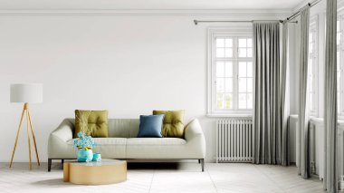 Modern bir odanın güzel iç mekanı. Parlak ve temiz tasarım. Büyük bir pencerenin yanında duran bir kanepe. 3B görüntüleme