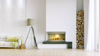 Işık duvarları, geniş pencereleri ve şık mobilyaları olan modern, güzel bir oda. İskandinav tarzında parlak bir tasarım. 3B görüntüleme