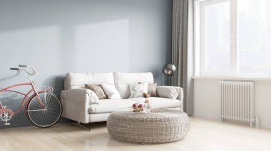 Işık duvarları, geniş pencereleri ve şık mobilyaları olan modern, güzel bir oda. İskandinav tarzında parlak bir tasarım. 3B görüntüleme