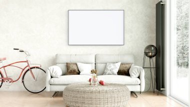 Boş bir tablosu olan modern bir oda. Kanepe, geniş pencere, ahşap zemin ve duvar. Temiz iç tasarım çizgileri. 3B görüntüleme