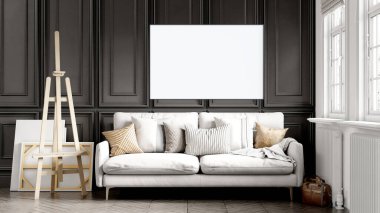 Boş bir tablosu olan modern bir oda. Kanepe, geniş pencere, ahşap zemin ve duvar. Temiz iç tasarım çizgileri. 3B görüntüleme
