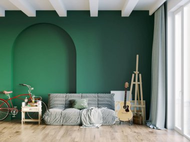 Işık duvarları, geniş pencereleri ve şık mobilyaları olan modern, güzel bir oda. İskandinav tarzında parlak bir tasarım. 3B görüntüleme