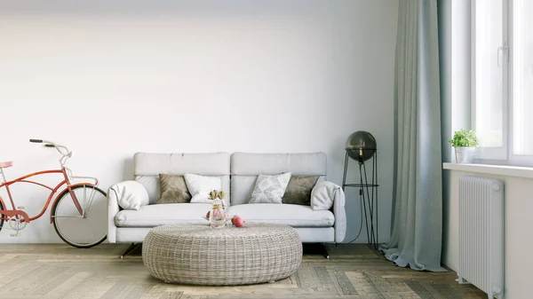 Bel intérieur d'une chambre moderne. Design lumineux et propre. Un canapé debout près d'une grande fenêtre sur un fond de mur. rendu 3D — Photo