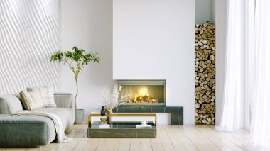 Işık duvarları, geniş pencereleri ve şık mobilyaları olan modern, güzel bir oda. İskandinav tarzında parlak bir tasarım. 3B görüntüleme