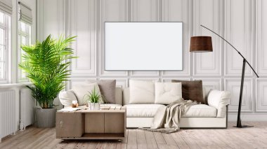 Boş bir tablosu olan modern bir oda. Kanepe, geniş pencere, ahşap zemin ve duvar. Temiz iç tasarım çizgileri. 3B görüntüleme