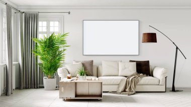 Boş bir tablosu olan modern bir oda. Kanepe, geniş pencere, ahşap zemin ve duvar. Temiz iç tasarım çizgileri. 3B görüntüleme