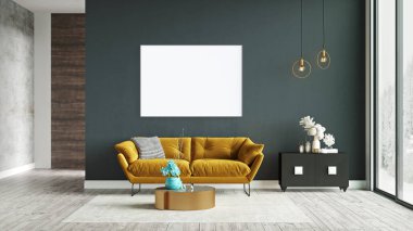 Poster çerçevesini modern iç plan, oturma odası, İskandinav tarzı, 3D görüntüleme