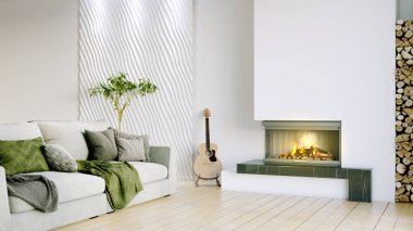 Işık duvarları, geniş pencereleri ve şık mobilyaları olan modern, güzel bir oda. İskandinav tarzında parlak bir tasarım. 3B görüntüleme