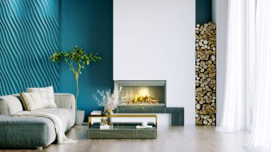 Işık duvarları, geniş pencereleri ve şık mobilyaları olan modern, güzel bir oda. İskandinav tarzında parlak bir tasarım. 3B görüntüleme