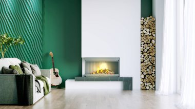 Işık duvarları, geniş pencereleri ve şık mobilyaları olan modern, güzel bir oda. İskandinav tarzında parlak bir tasarım. 3B görüntüleme