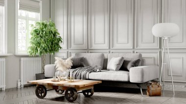 Modern bir odanın güzel iç mekanı. Parlak ve temiz tasarım. Büyük bir pencerenin yanında duran bir kanepe. 3B görüntüleme