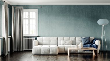 Modern bir odanın güzel iç mekanı. Parlak ve temiz tasarım. Büyük bir pencerenin yanında duran bir kanepe. 3B görüntüleme