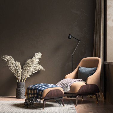 Renkli bir duvarı, halısı ve şık bir koltuğu olan modern, güzel bir iç mekan. Çatı katı tasarımı. 3B görüntüleme