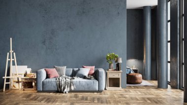 Sütunları, renkli duvarları ve şık mobilyaları olan modern, güzel bir iç mekan. Parlak çatı katı tasarımı. 3B görüntüleme