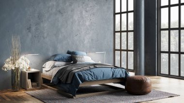 Sütunları, renkli duvarları ve şık mobilyaları olan modern, güzel bir iç mekan. Parlak çatı katı tasarımı. 3B görüntüleme