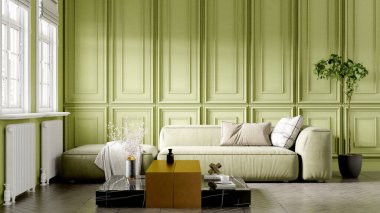 Modern bir odanın güzel iç mekanı. Parlak ve temiz tasarım. Büyük bir pencerenin yanında duran bir kanepe. 3B görüntüleme