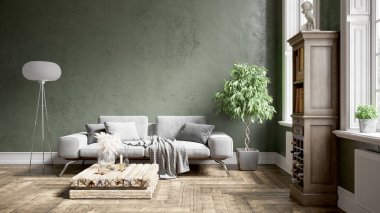 Renkli duvarları, geniş pencereleri ve şık mobilyaları olan modern, güzel bir oda. Parlak ve şık bir tasarım. 3B görüntüleme