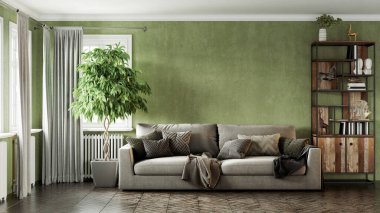 Modern bir odanın güzel iç mekanı. Parlak ve temiz tasarım. Büyük bir pencerenin yanında duran bir kanepe. 3B görüntüleme