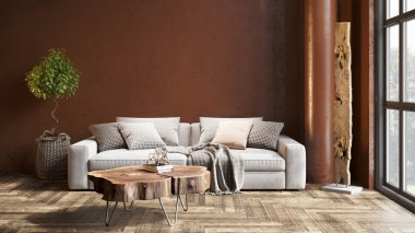 Sütunları, renkli duvarları ve şık mobilyaları olan modern, güzel bir iç mekan. Parlak çatı katı tasarımı. 3B görüntüleme