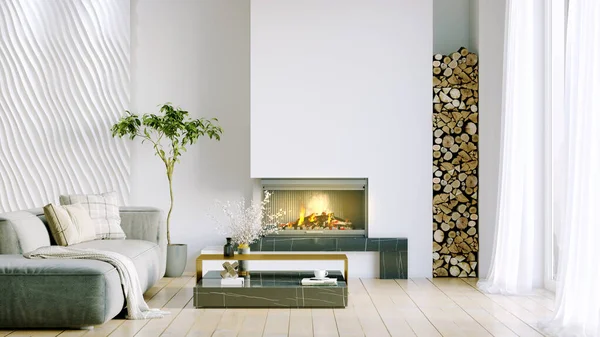 Işık duvarları, geniş pencereleri ve şık mobilyaları olan modern, güzel bir oda. İskandinav tarzında parlak bir tasarım. 3B görüntüleme