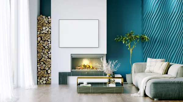 Işık duvarları, geniş pencereleri ve şık mobilyaları olan modern, güzel bir oda. İskandinav tarzında parlak bir tasarım. 3B görüntüleme