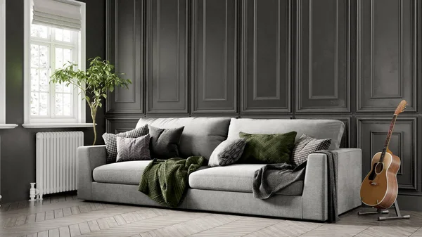 Modern bir odanın güzel iç mekanı. Parlak ve temiz tasarım. Büyük bir pencerenin yanında duran bir kanepe. 3B görüntüleme