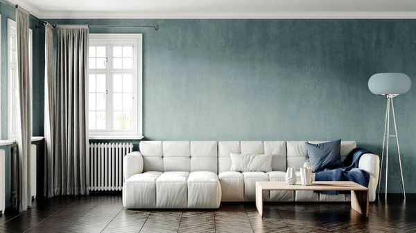 Modern bir odanın güzel iç mekanı. Parlak ve temiz tasarım. Büyük bir pencerenin yanında duran bir kanepe. 3B görüntüleme