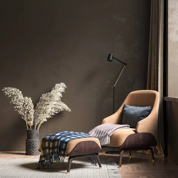 Renkli bir duvarı, halısı ve şık bir koltuğu olan modern, güzel bir iç mekan. Çatı katı tasarımı. 3B görüntüleme