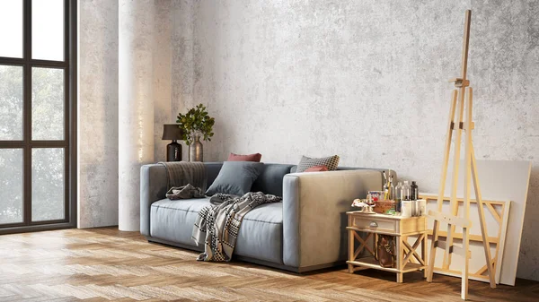 Sütunları, beyaz duvarları, geniş pencereleri, yüksek tavanı ve şık mobilyaları olan modern, güzel bir iç mekan. Parlak çatı katı tasarımı. 3B görüntüleme