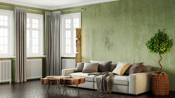 Modern bir odanın güzel iç mekanı. Parlak ve temiz tasarım. Büyük bir pencerenin yanında duran bir kanepe. 3B görüntüleme