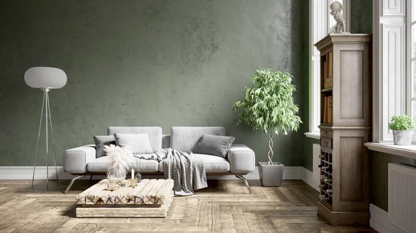 Renkli duvarları, geniş pencereleri ve şık mobilyaları olan modern, güzel bir oda. Parlak ve şık bir tasarım. 3B görüntüleme